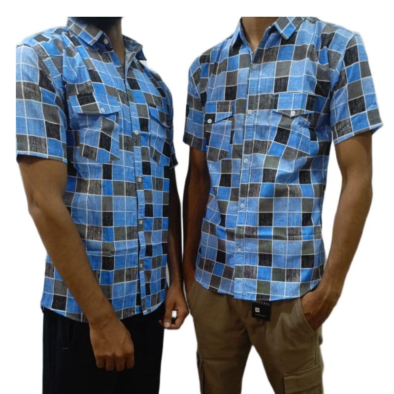 Men’s Casual Checked Shirt – Blue & Multi-Color Plaid, Short Sleeve, Cotton Blend