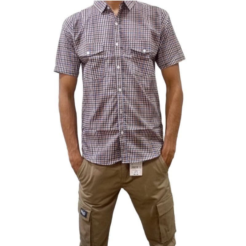 Men’s Casual Checked Shirt – Brown & Blue Plaid, Long Sleeve, Cotton Blend