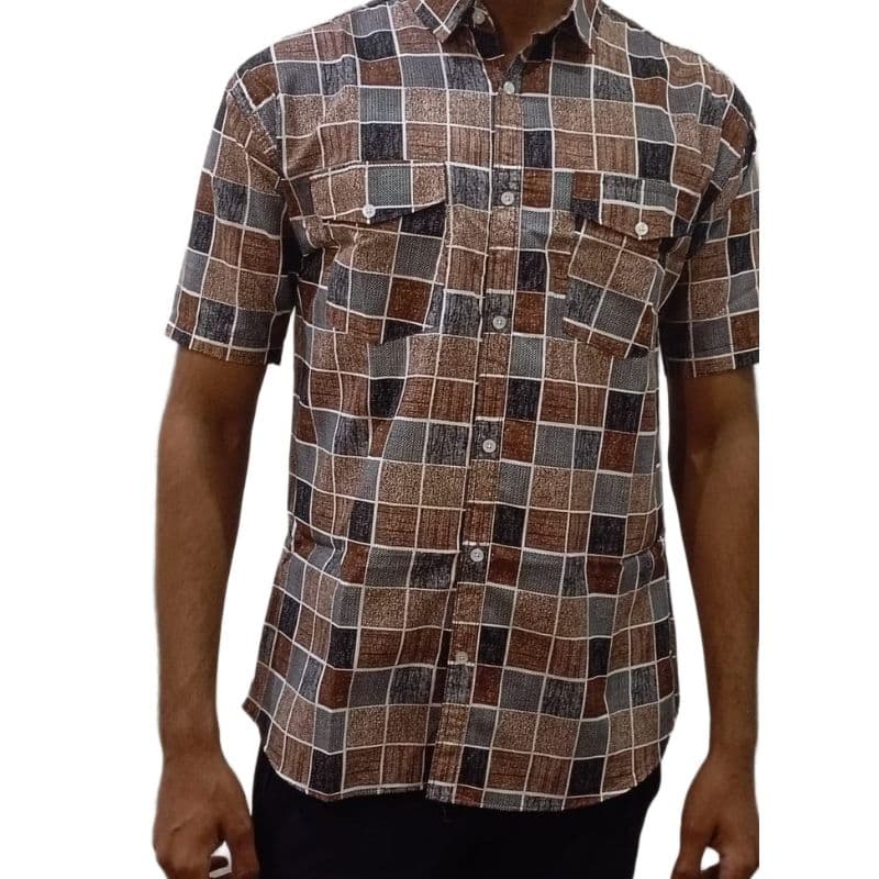 Men’s Casual Checked Shirt – Brown & Multi-Color Plaid, Short Sleeve, Cotton Blend
