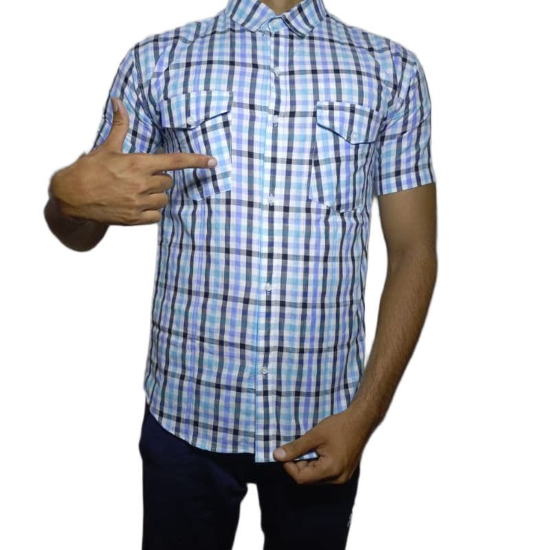Men’s Casual Checked Shirt – Light Blue & Multi-Color Plaid, Short Sleeve, Cotton Blend