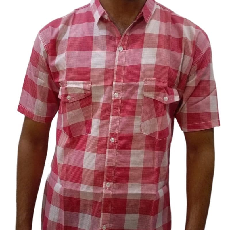 Men’s Casual Checked Shirt – Pink & White Plaid, Short Sleeve, Cotton Blend