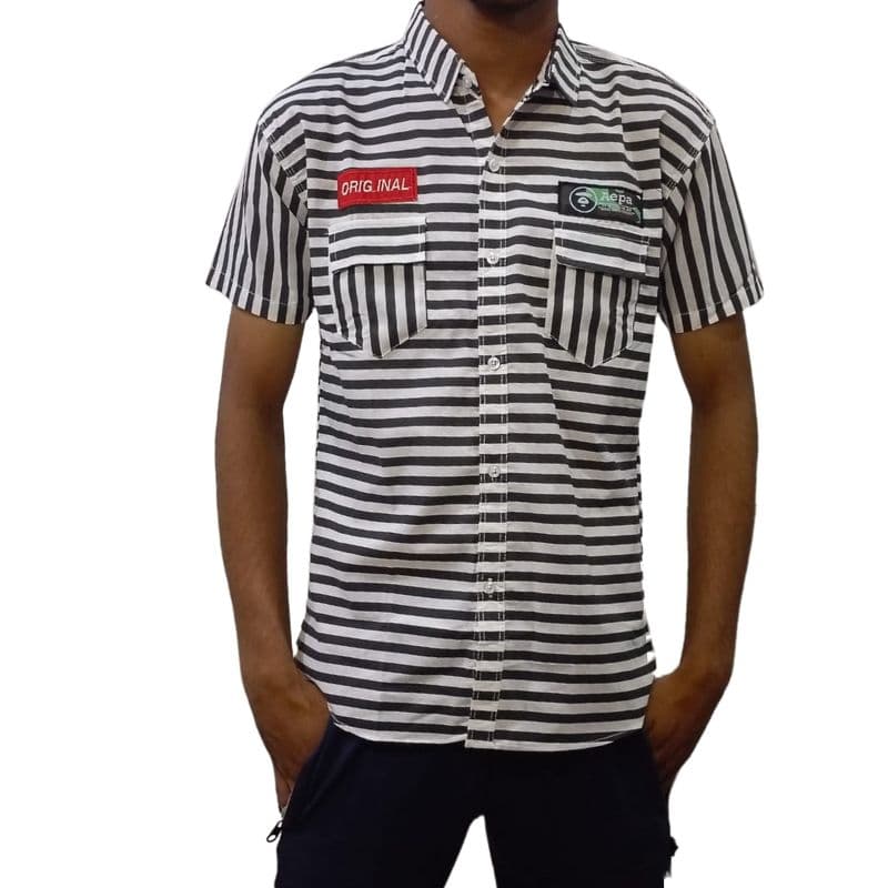 Men’s Casual Striped Shirt – Black & White Stripes, Short Sleeve, Cotton Blend