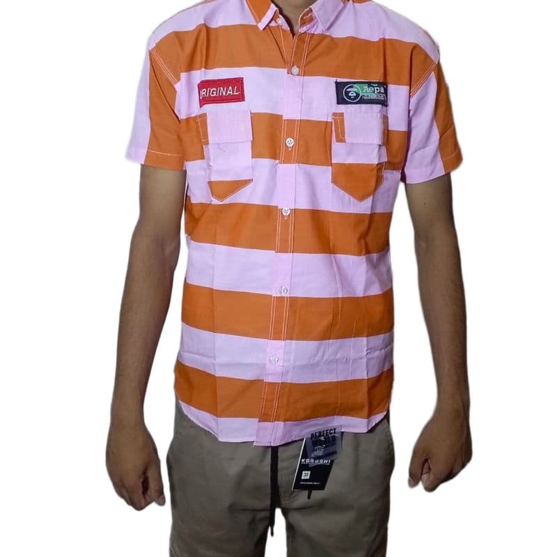 Men’s Casual Striped Shirt – Orange & Pink Stripes, Short Sleeve, Cotton Blend