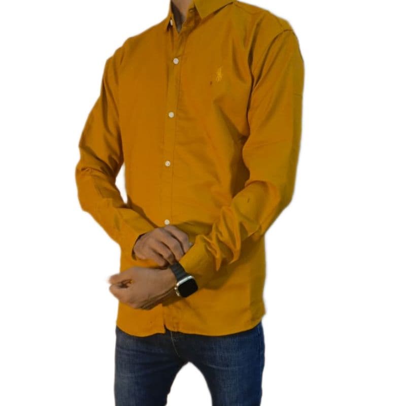 Men’s Classic Solid Shirt – Vibrant Yellow, Long Sleeve, Cotton Blend