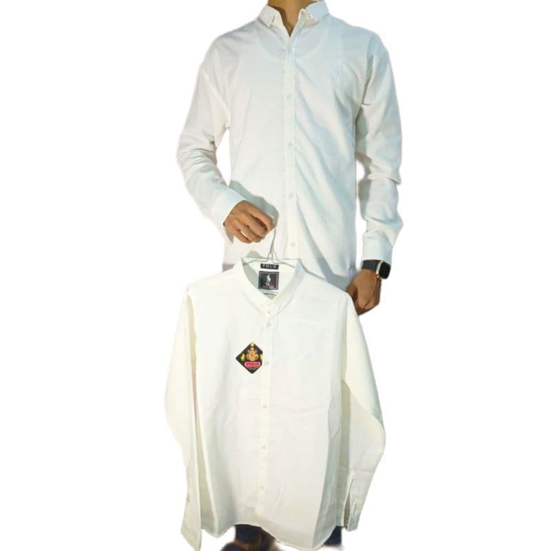 Men’s Crisp Solid Shirt – White, Long Sleeve, Cotton Blend