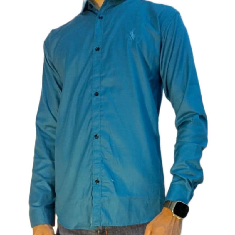 Men’s Elegant Solid Shirt – Teal Blue, Long Sleeve, Cotton Blend