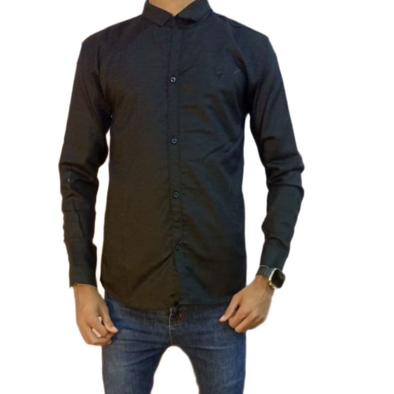 Men’s Sleek Solid Shirt – Black, Long Sleeve, Cotton Blend