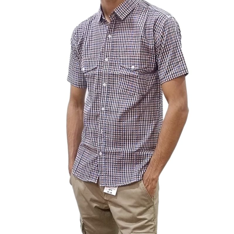 Men's Casual Checked Shirt – Brown & Blue Plaid, Long Sleeve, Cotton Blend